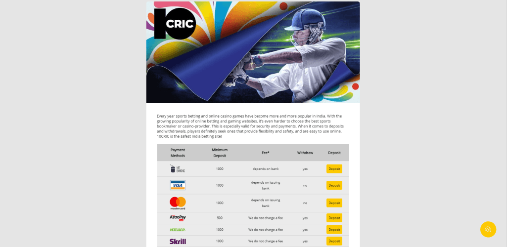 10cric payment methods