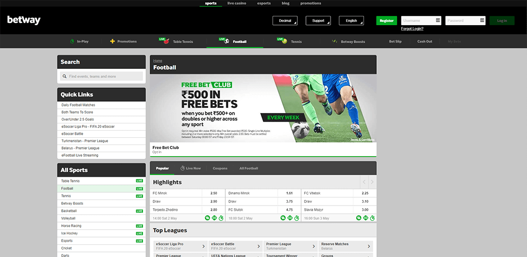 Betway Sports football betting page