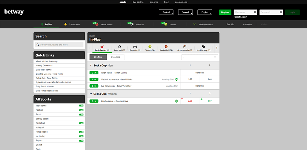Betway Sports offers live betting