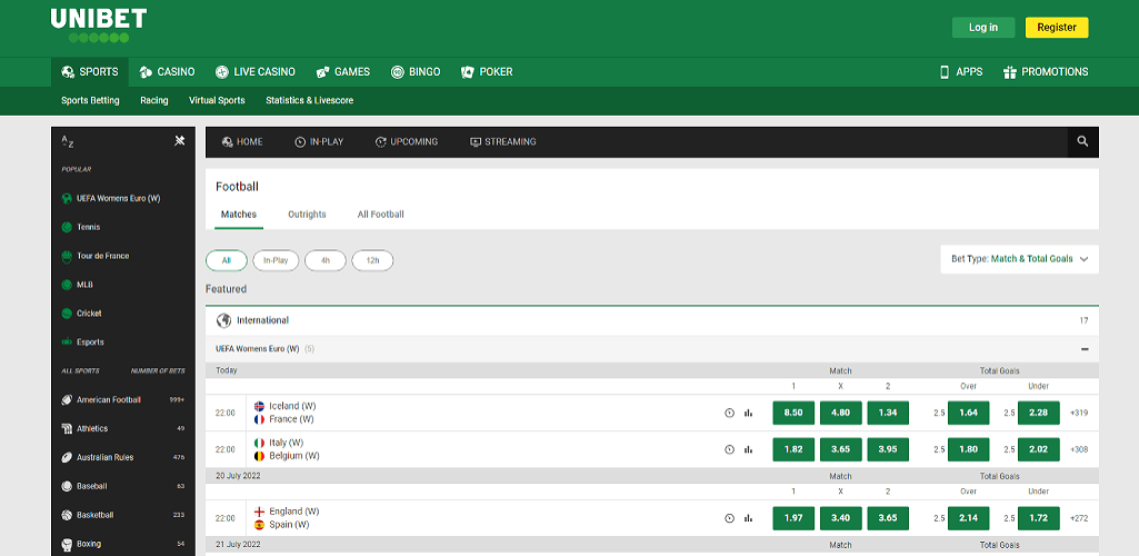 Unibet football betting page